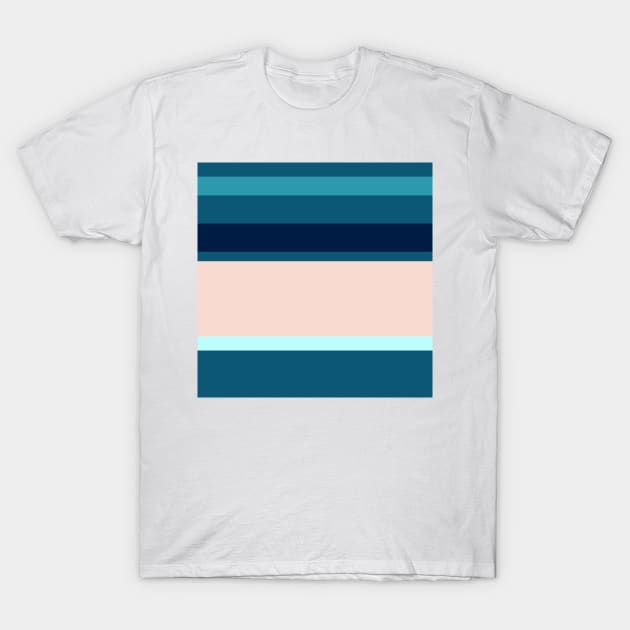 A beautiful variety of Navy, Blue Sapphire, Sea, Italian Sky Blue and Champagne Pink stripes. T-Shirt by Sociable Stripes
